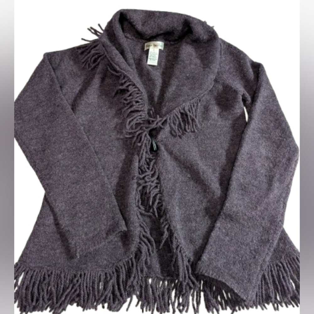 Susan Bristol Fringe Cardigan Sweater Small‎ Wool Blend Purple Shawl Collar Boho